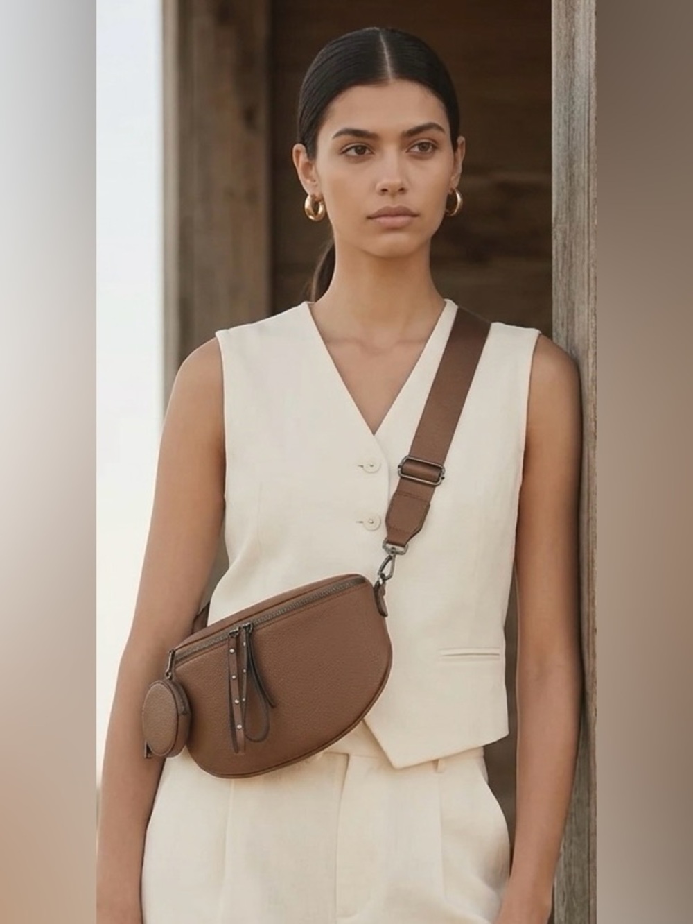 Women’s Brown Pebbled Crossbody Belt Bag with Coin Pouch - Picture 6 of 16